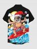 Plus Size Christmas Santa Claus Sun Cloud Sea Waves Print Buttons Pocket Shirt For Men -  