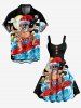 Plus Size Christmas Santa Claus Sun Cloud Sea Waves Print Tank Dress -  