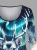 T-shirt à manches longues grande taille avec imprimé 3D pailleté sapin de Noël, élan et galaxie - Bleu 5X