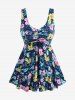 Plus Size Tropical Leaf Hibiscus Flower Print Cinched Boyleg Tankini Swimsuit -  