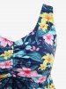 Plus Size Tropical Leaf Hibiscus Flower Print Cinched Boyleg Tankini Swimsuit -  