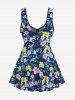 Plus Size Tropical Leaf Hibiscus Flower Print Cinched Boyleg Tankini Swimsuit -  