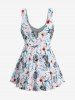 Plus Size Tropical Leaf Hibiscus Flower Print Cinched Boyleg Tankini Swimsuit -  