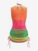 Plus Size Solid Halter Tankini Swimsuit with Ombre Print Cinched Ruched Cover Up Three Piece Set -  
