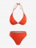 Plus Size Solid Halter Tankini Swimsuit with Ombre Print Cinched Ruched Cover Up Three Piece Set -  