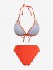 Plus Size Solid Halter Tankini Swimsuit with Ombre Print Cinched Ruched Cover Up Three Piece Set -  