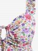 Plus Size Colorful Flower Print Cinched Tankini Swimsuit -  