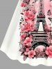 Plus Size Eiffel Tower Butterfly Flowers Print Cinched Hawaii Dress -  