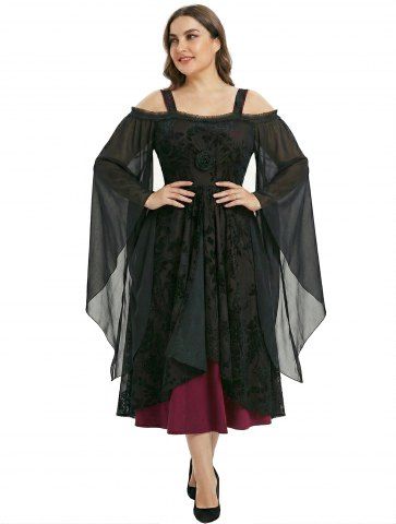 Gothic Plus Size Rose Floral Glitter Flocking Mesh Lace Trim Ruffles Tulip Hem Cold Shoulder Asymmetrical Dress - RED - 2X | US 18-20