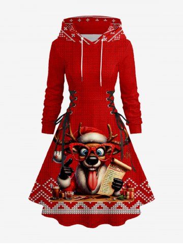 Plus Size Christmas Elk 3D Knit Print Lace Up A Line Hooded Dress - RED - 1X