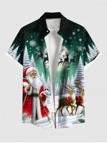 Plus Size Christmas Tree Santa Claus Elk Snowflake Print Buttons Pocket Shirt For Men - GREEN - 5XL