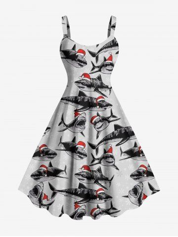 Plus Size Christmas Hat Sharks Print Tank Dress - LIGHT GRAY - 4X