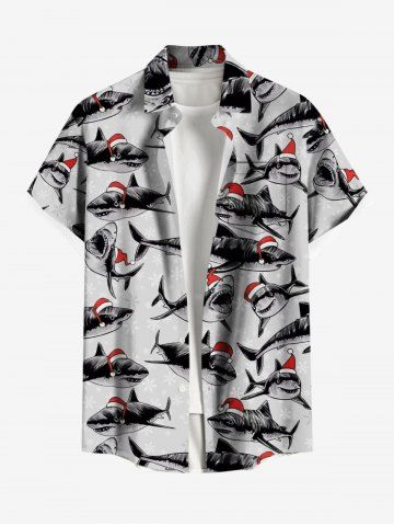 Plus Size Christmas Hat Sharks Print Buttons Pocket Shirt For Men - LIGHT GRAY - 4XL