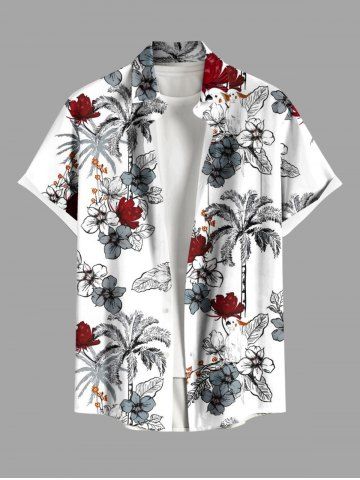Plus Size Coconut Tree Flowers Parrot Print Buttons Pocket Hawaii Shirt For Men - WHITE - 3XL