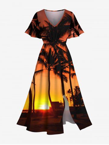 Robe mi-longue fendue hawaïenne à imprimé ombré soleil et cocotiers grande taille - ORANGE - 2X