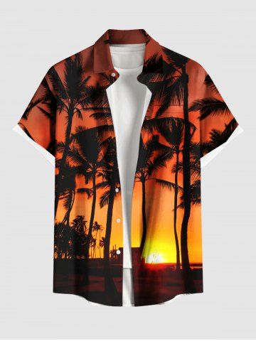 Plus Size Coconut Tree Sun Ombre Print Buttons Pocket Hawaii Shirt For Men - ORANGE - 4XL