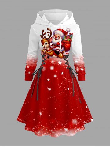 Robe à capuche grande taille de Noël avec imprimé Père Noël, cerf et étoiles, laçage et cordon de serrage - RED - XS