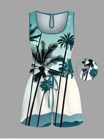 Combinaison hawaïenne grande taille à imprimé ombré de cocotiers et ceinture - GREEN - XS