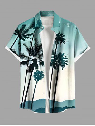 Plus Size Coconut Tree Ombre Print Buttons Pocket Hawaii Shirt For Men - GREEN - 5XL