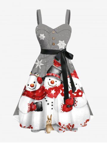 Plus Size Christmas Snowflake Snowman Rabbit Flower Print Button A Line Dress with Removable Belt - GRAY - XS