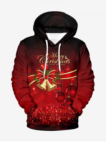 Plus Size Christmas Ball Bowknot Bell Sparkling Sequin 3D Print Pocket Drawstring Hoodie For Men - CHERRY RED - 7XL