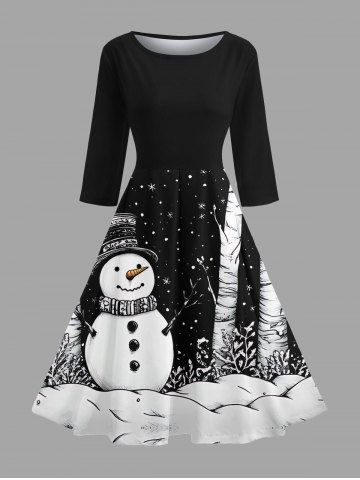 Christmas Snowflake Snowman Tree Print Midi 50's Vintage Dress - BLACK - M