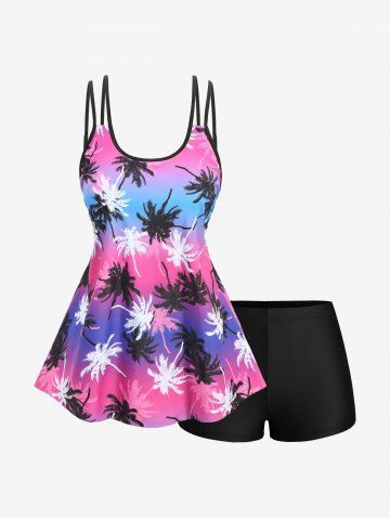Plus Size Coconut Tree Ombre Print Boyleg Tankini Swimsuit - NAVY BLUE - 4XL