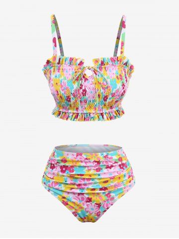 Maillot de bain tankini grande taille à imprimé floral coloré, fronces et liens, avec volants. - LIGHT PINK - 4XL