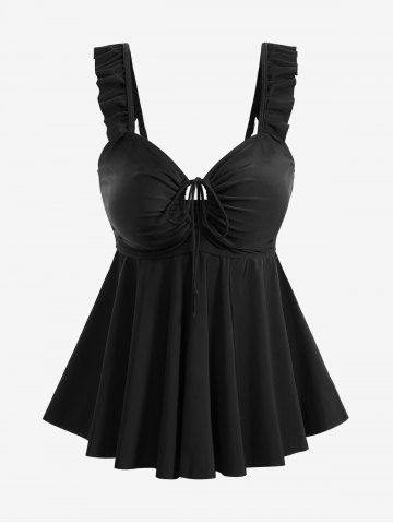 Plus Size Solid Color Ruched Cinched Ruffles Straps Tankini Swismuit - BLACK - 4XL