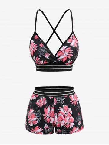 Plus Size Tropical Leaf Flower Print Crisscross Strappy Boyleg Tankini Swimsuit - BLACK - 4XL