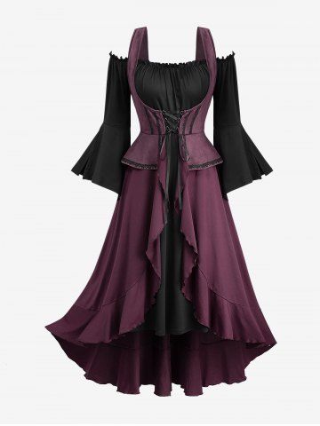 Plus Size Lace Up Ruffles Ruched Lettuce Hem Split Flare Sleeve Cold Shoulder 2 In 1 Dress - RED WINE - L | US 12