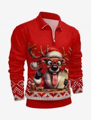 Plus Size Christmas Elk 3D Knit Print Zipper Polo Shirt For Men -  