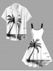 Tenue de plage hawaïenne assortie pour couples, grande taille, imprimée avec un motif d'oiseaux marins et de cocotiers, peinte à la main - Blanc 