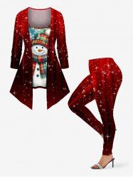 Christmas Snowflake Snowman Glitter Stars Print Patchwork 2 in 1 T-shirt and Leggings Plus Size Matching Set -  