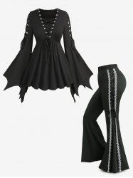Asymmetrical Flare Sleeve Ribbed Top and Lace Up Lace-trim Grommet Side Two Tone Flare Pants Plus Size Outfit -  