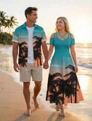 Coconut Tree Ombre Sky Print Plus Size Matching Hawaii Beach Outfit For Couples -  