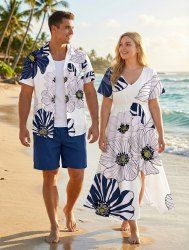 Ensemble de plage hawaïen assorti grande taille à imprimé floral rayé pour couples - Blanc 