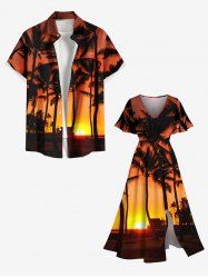 Ensemble de plage hawaïen assorti grande taille à imprimé soleil et cocotiers pour couples - Orange 