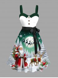 Robe grande taille imprimée sapin de Noël, Père Noël, renne et flocons de neige, boutons, col rabattu et ceinture - Vert 4X