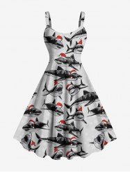 Plus Size Christmas Hat Sharks Print Tank Dress -  
