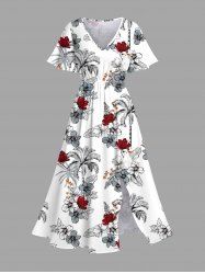 Robe midi hawaïenne fendue à imprimé perroquet et cocotiers grande taille - Blanc L