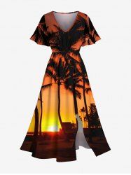 Robe mi-longue fendue hawaïenne à imprimé ombré soleil et cocotiers grande taille - Orange M