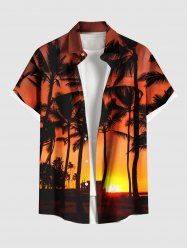 Chemise hawaïenne grande taille pour homme, imprimé ombré soleil cocotier, boutons et poche. - Orange L