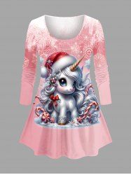 T-shirt à manches longues grande taille avec imprimé licorne, flocons de neige et boules de Noël - Rose clair 1X