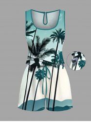 Plus Size Coconut Tree Ombre Print Cinched Hawaii Romper -  