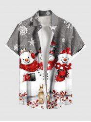 Plus Size Christmas Snowflake Snowman Rabbit Flower Print Button Pocket Shirt For Men -  