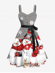 Plus Size Christmas Snowflake Snowman Rabbit Flower Print Button A Line Dress with Removable Belt - Gris L