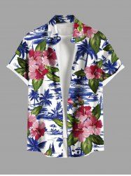 Plus Size Coconut Tree Sea Hibiscus Flower Leaf Print Hawaii Button Pocket Shirt For Men -  