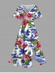 Plus Size Coconut Tree Sea Hibiscus Flower Leaf Print Hawaii Split Pocket A Line Midi Dress -  