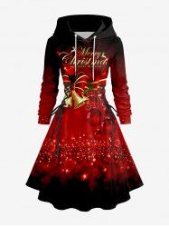Plus Size Christmas Ball Bowknot Bell Sparkling Sequin 3D Print Lace Up Drawstring Hoodie Dress -  